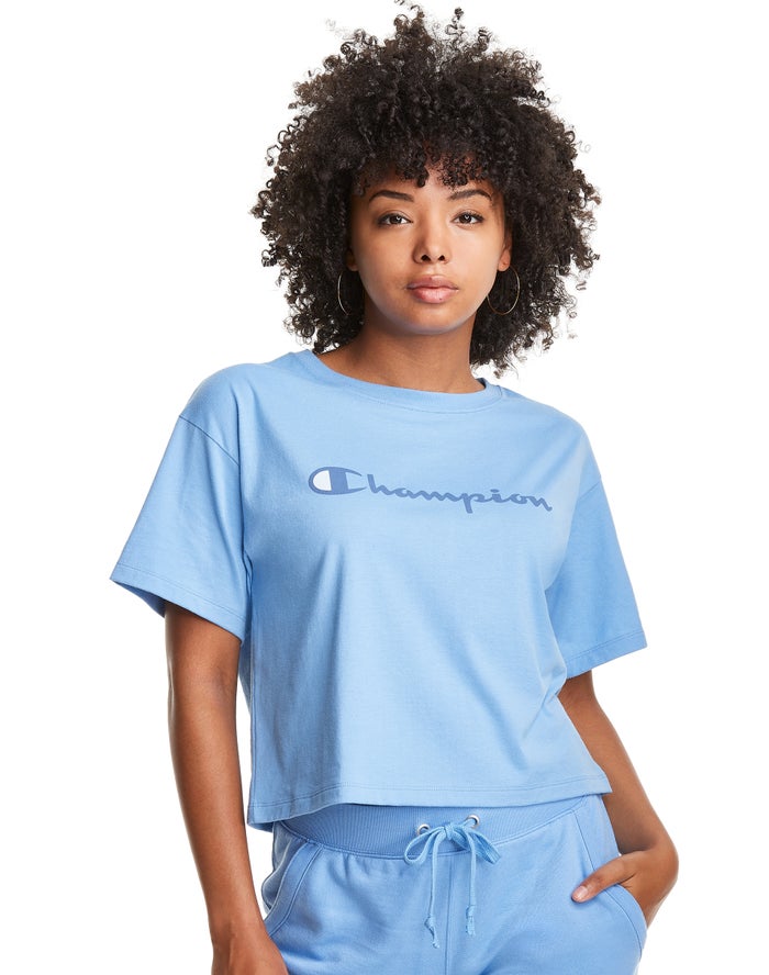 Champion Womens T-Shirt NZ - Cropped Script Logo Light Blue ( 5182-KOCVS )